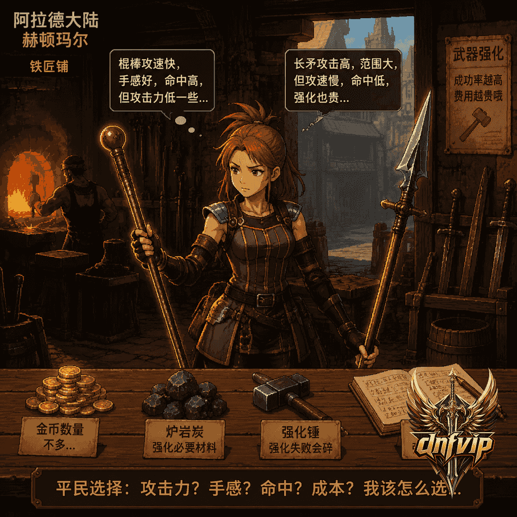 怀旧服战斗法师在铁匠铺前对比矛和棍，考虑攻速、命中和强化成本