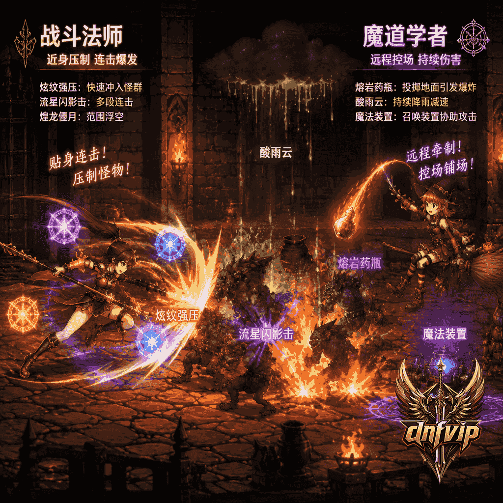 战斗法师贴身连击,魔道学者铺酸雨熔岩控场,展示两种不同组队职责