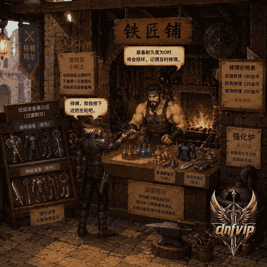 新手在铁匠铺优先修理武器和购买药水,避免低级乱强化和乱买装备