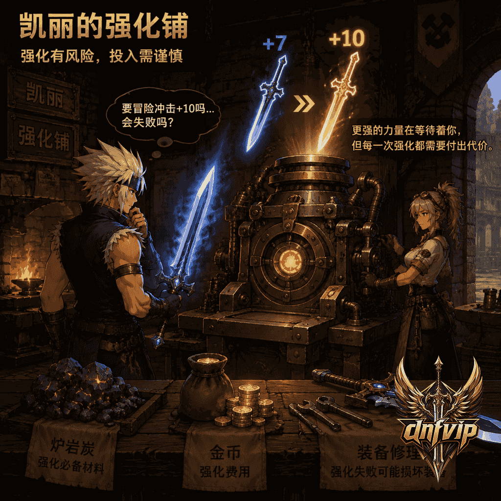 冒险家在凯丽强化机前权衡把紫武器强化到+7还是继续冲+10