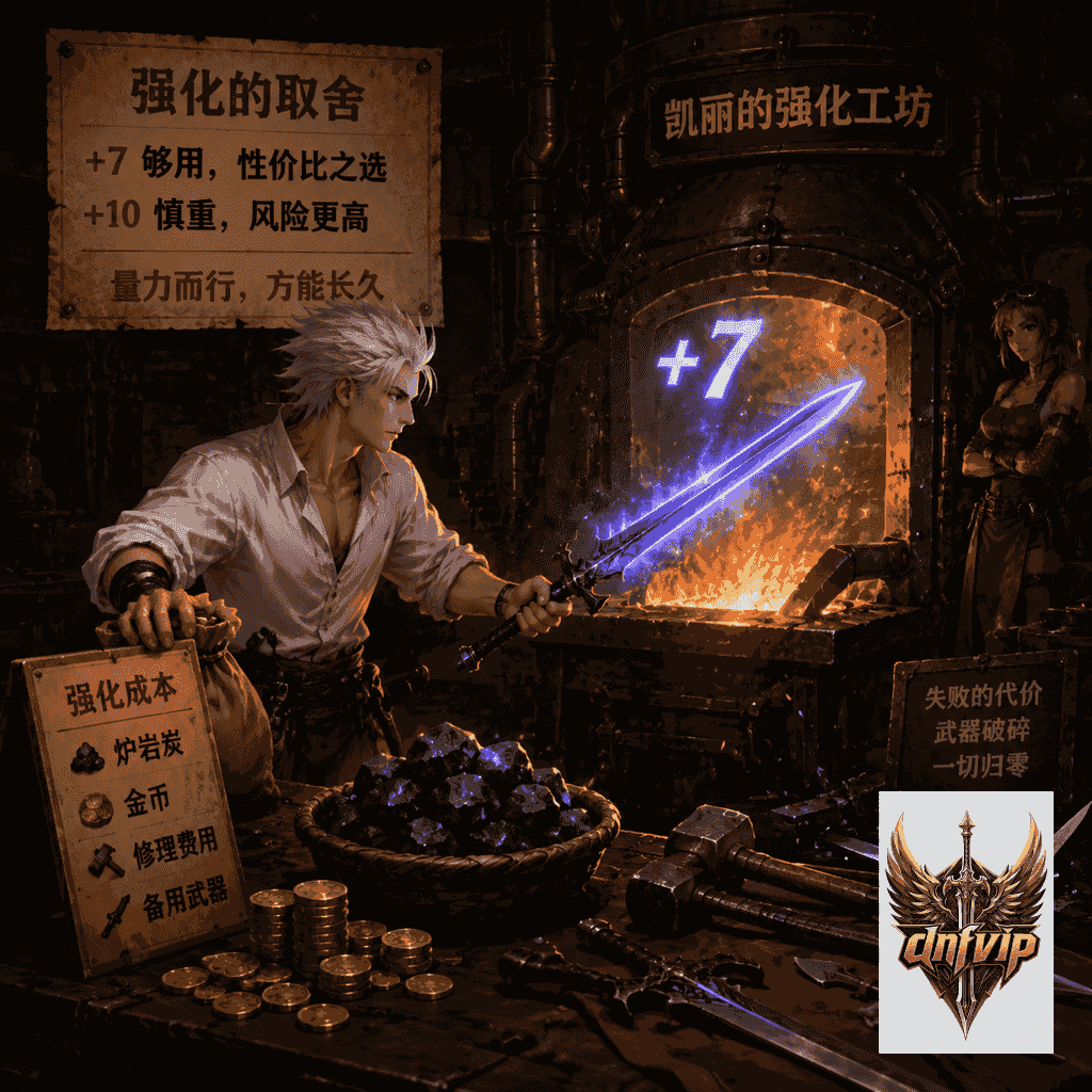冒险者在强化炉前权衡+7武器和继续冲+10的金币成本