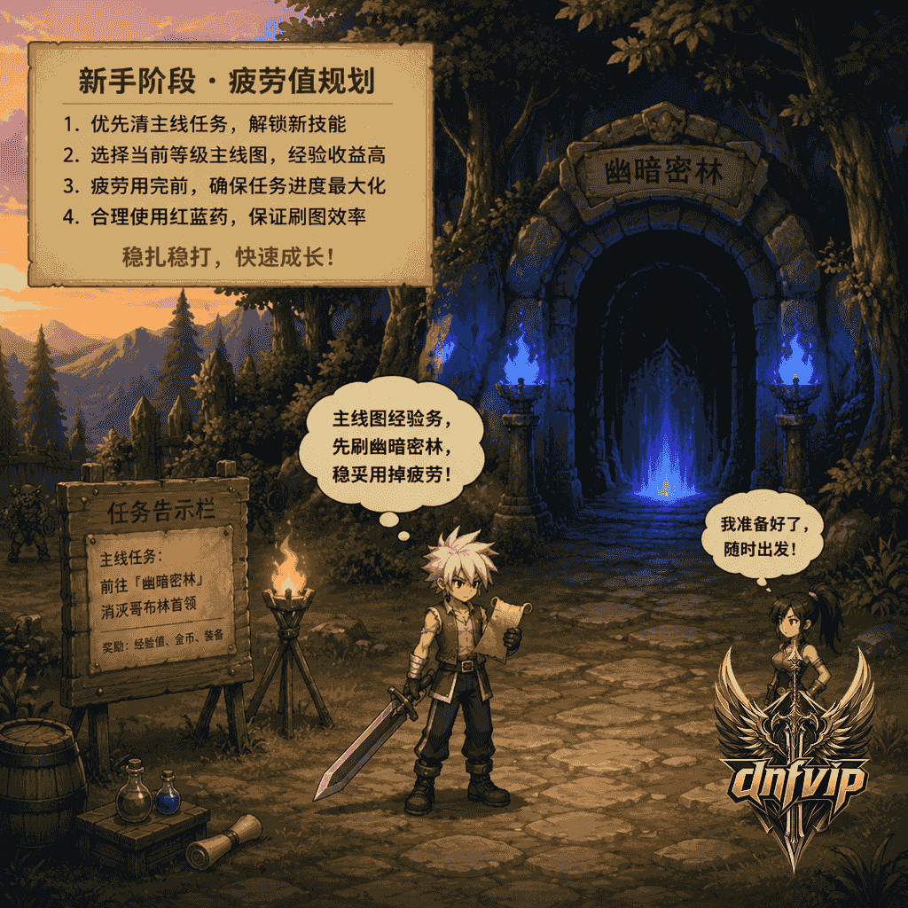 新手角色在老版地下城门口查看任务路线，准备把疲劳用于主线升级和转职