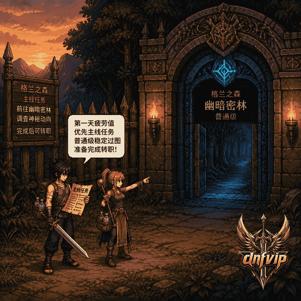 新手角色在经典地下城门口选择主线任务路线,准备把第一天疲劳值优先用在升级和转职上