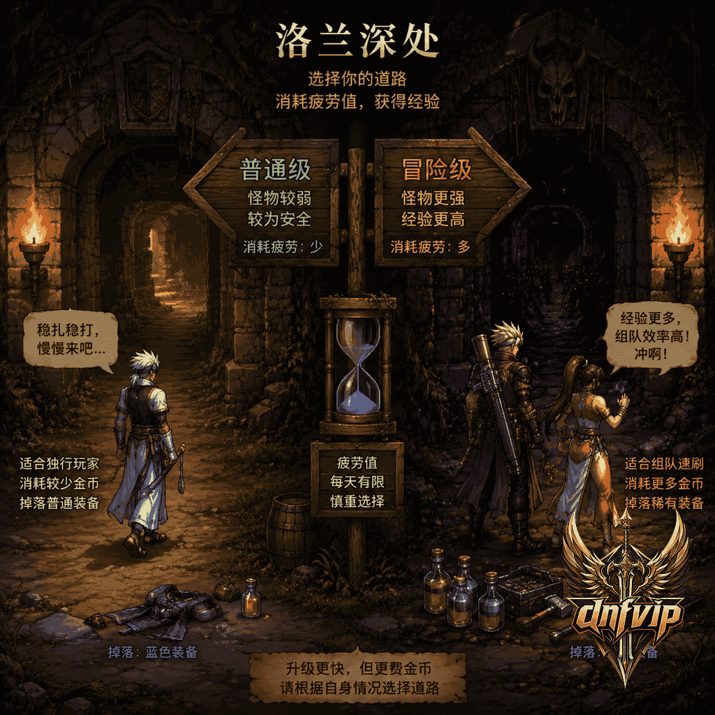 副本门口的新手队伍在普通难度稳妥路线和冒险难度快速路线之间做选择