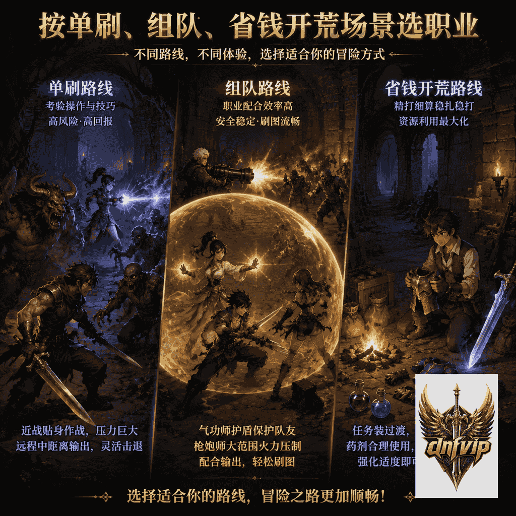 不同职业在地下城开荒场景中对应单刷、组队和省钱路线的对比画面