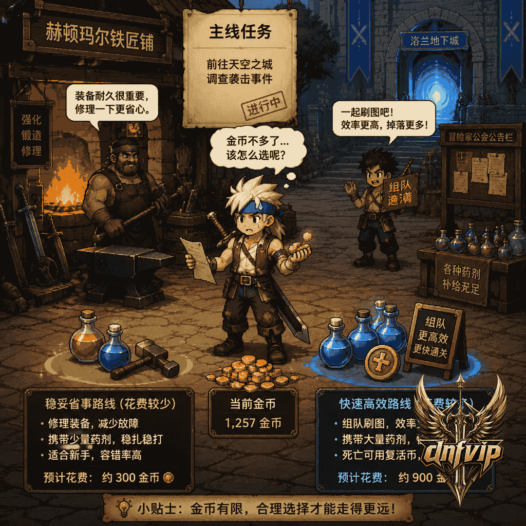 怀旧服新手在铁匠铺前权衡疲劳值、金币、药水和升级路线