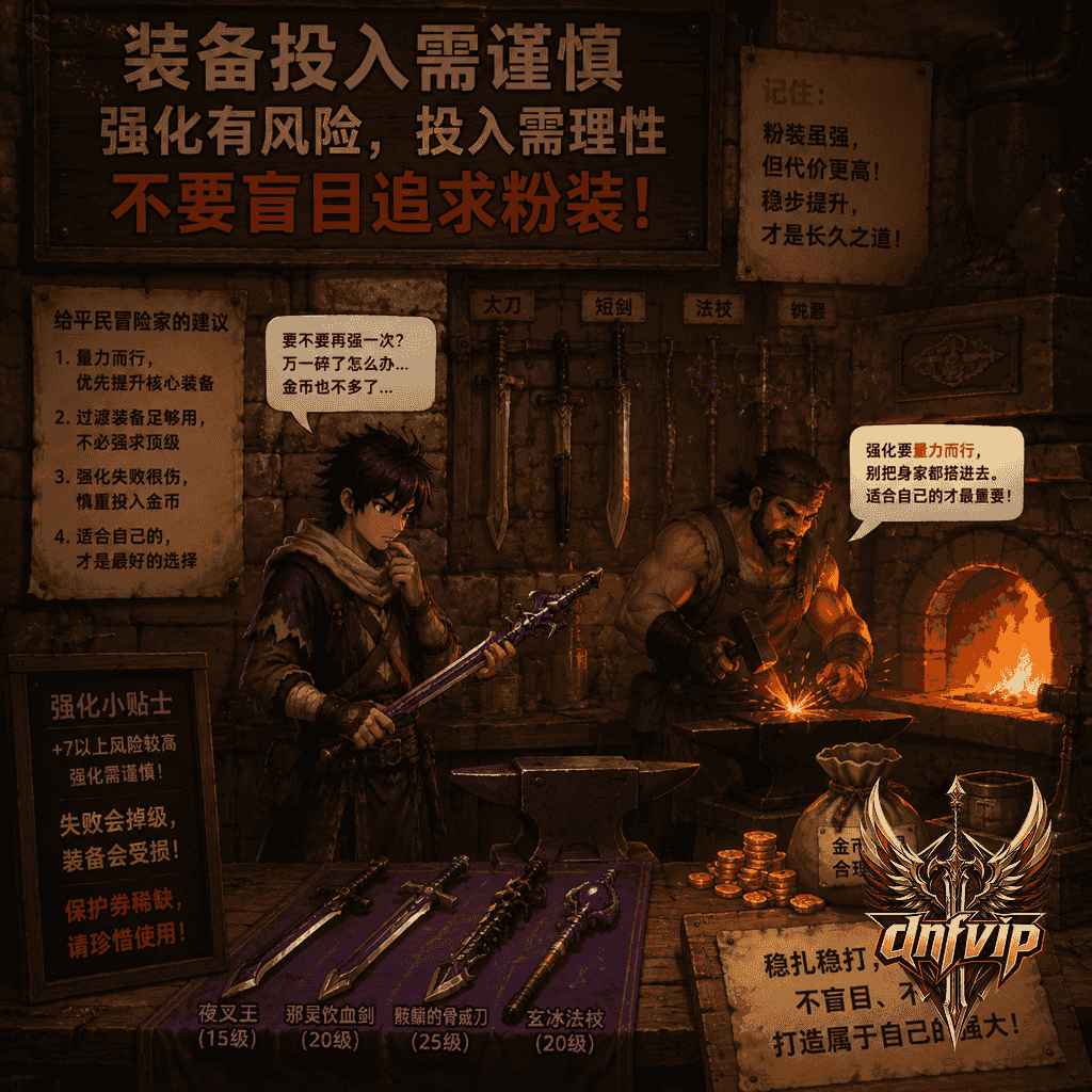 平民玩家在老版铁匠铺前权衡紫装武器、金币和强化成本