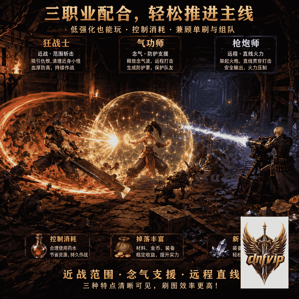 狂战士、气功师、枪炮师在地下城中分别展示适合平民新手的刷图方式