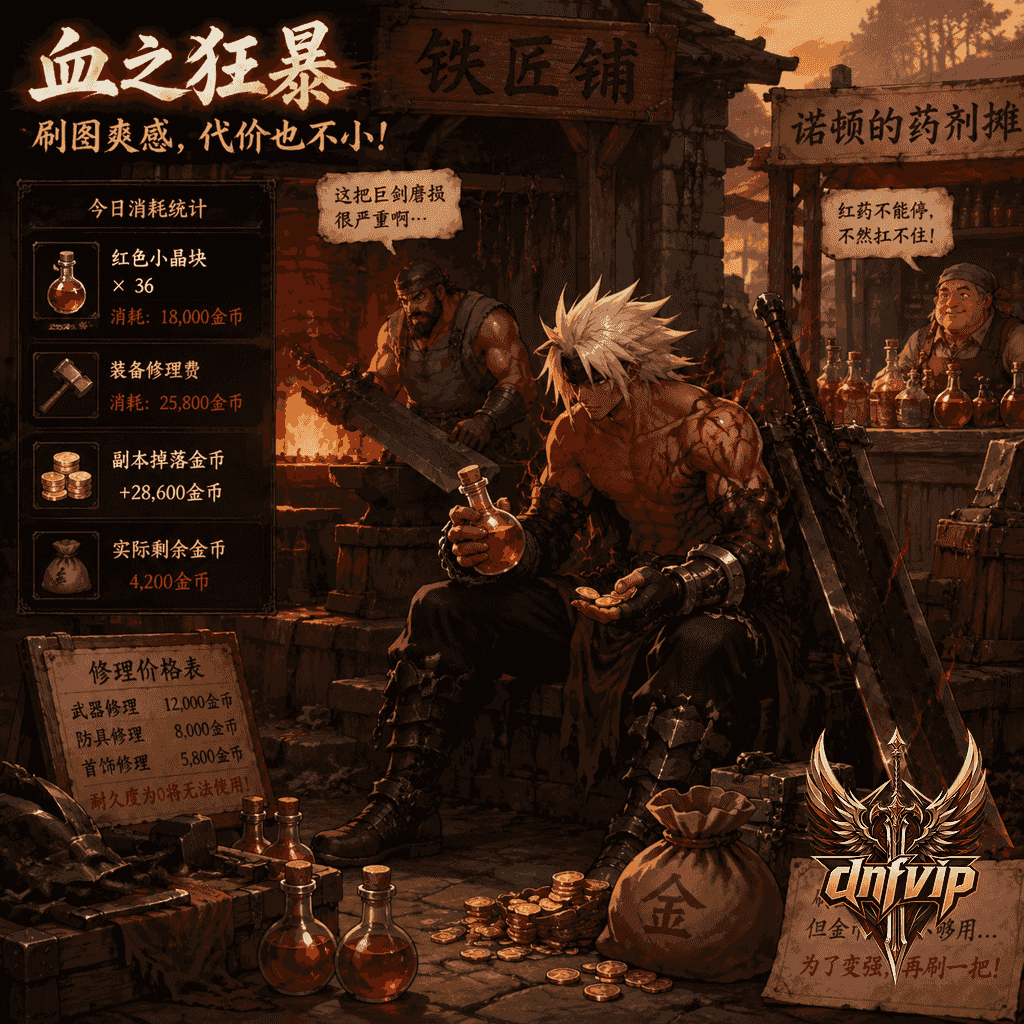 狂战士在铁匠铺和药剂摊前整理红药与金币,体现血之狂暴带来的消耗压力