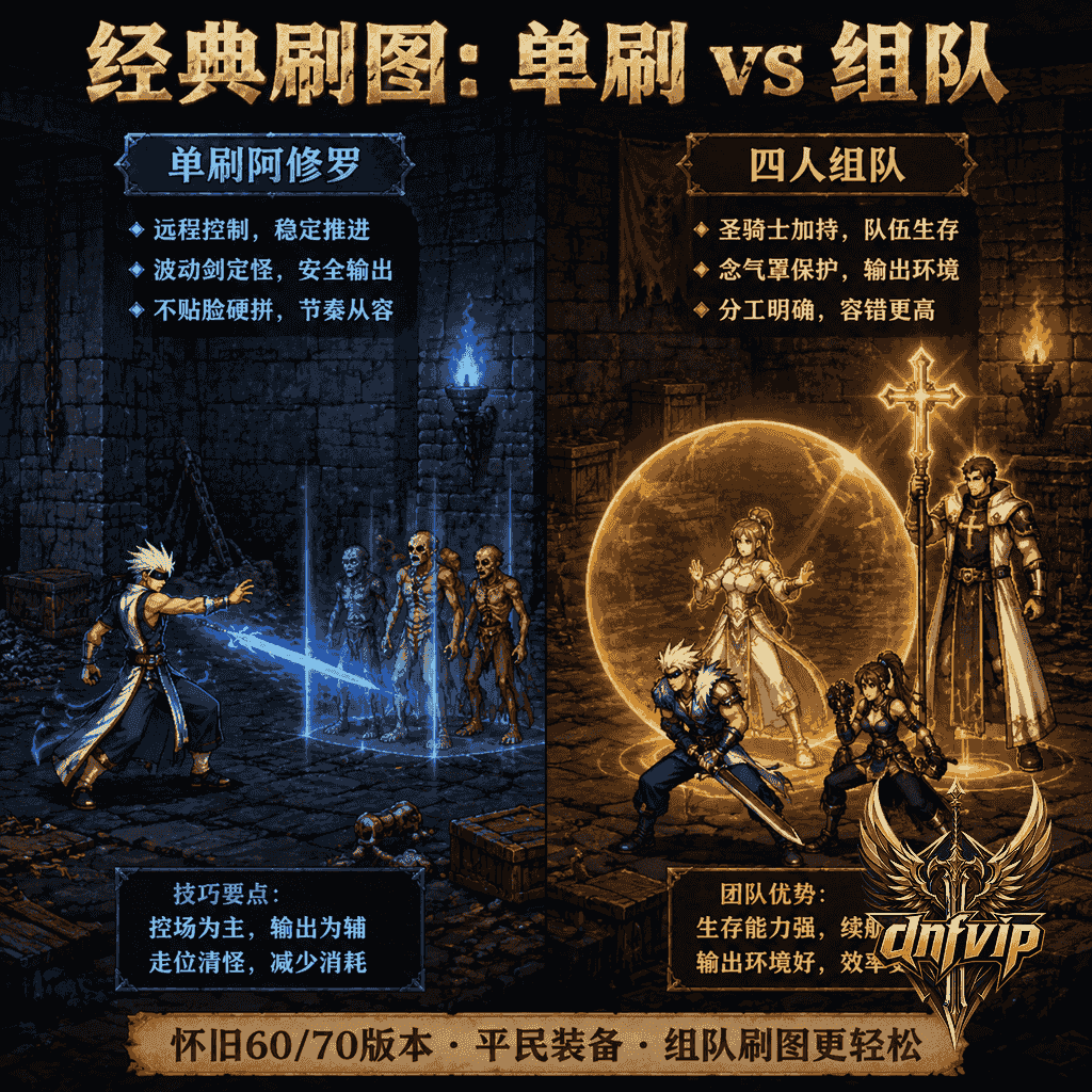 阿修罗单刷地下城与圣骑士带队组队刷图的对比画面