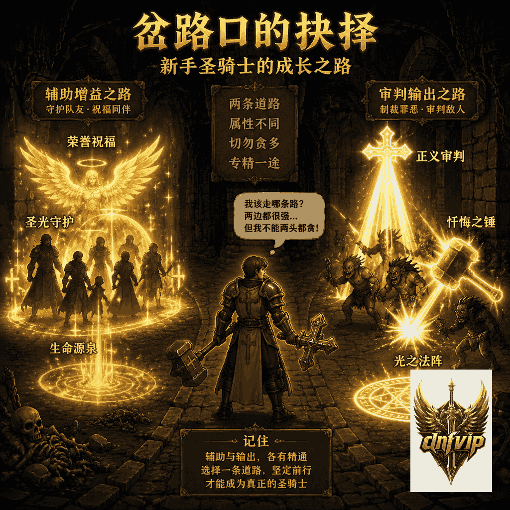 圣骑士站在岔路前，一边是给队友加祝福的辅助路线，一边是挥锤释放光属性审判技能的输出路线。