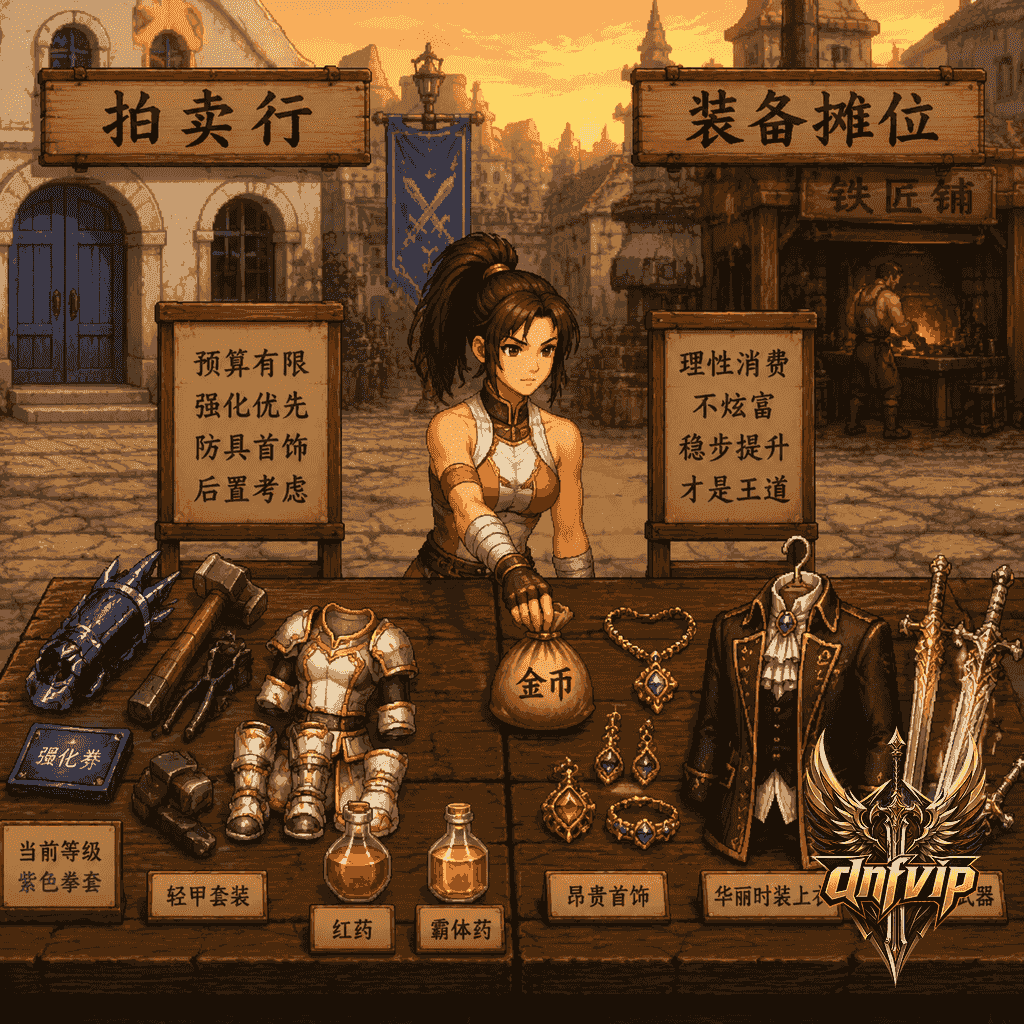 女散打在城镇摊位前把金币优先放向武器强化而不是昂贵首饰和外观装备