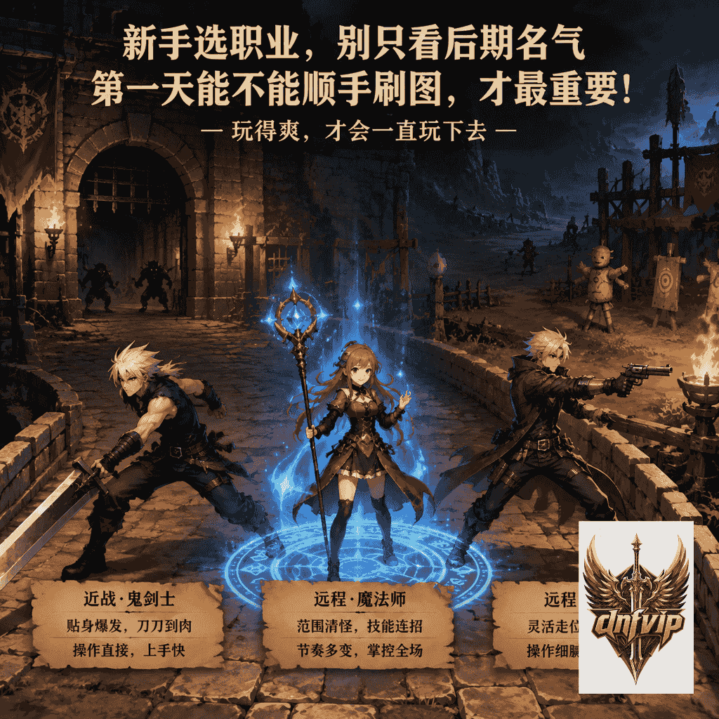 鬼剑士、魔法师和神枪手站在职业选择岔路口,展示新手第一天选择职业时的不同刷图手感
