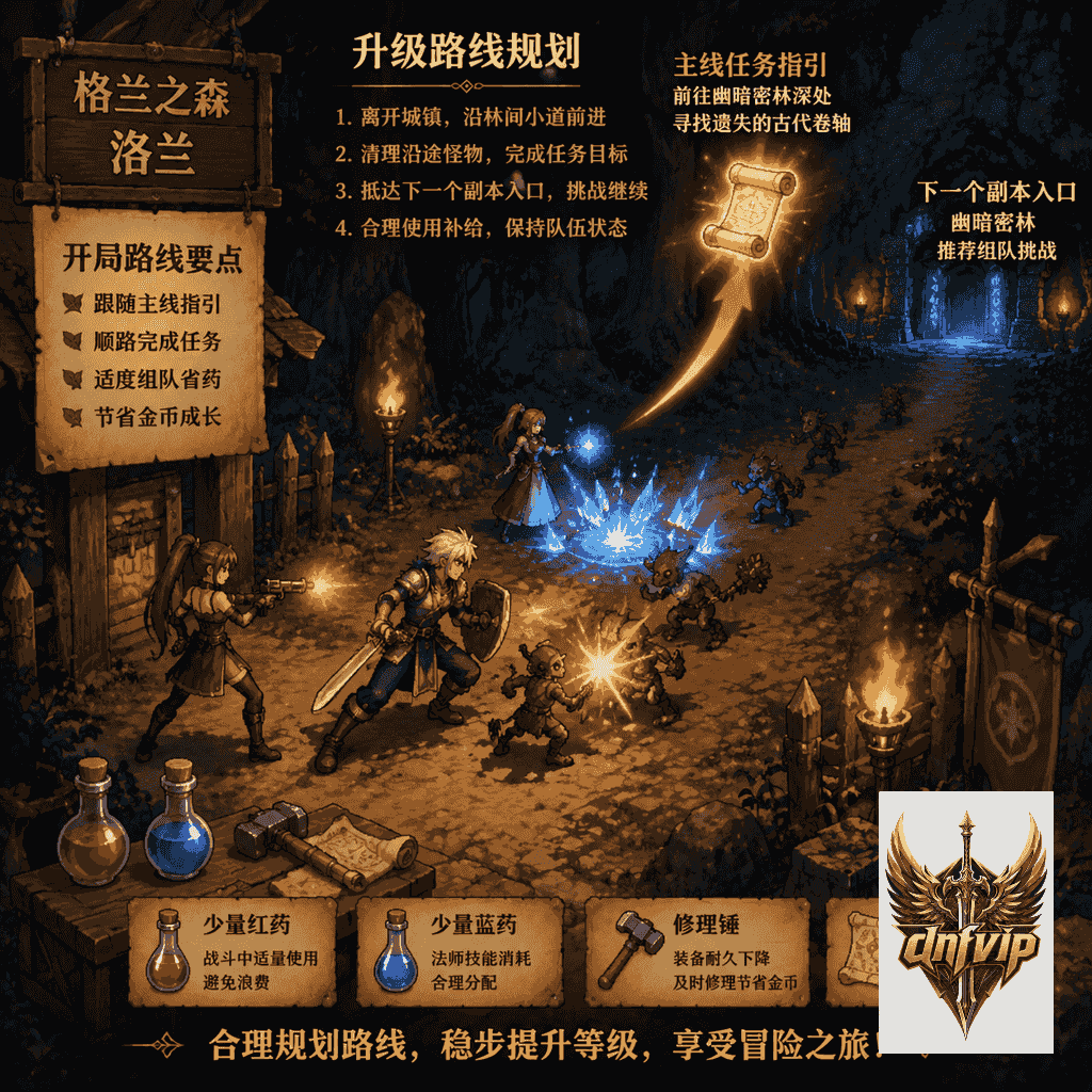 新手冒险者沿着主线任务路线进入格兰之森地下城,队友协作刷图并注意药水和疲劳值规划