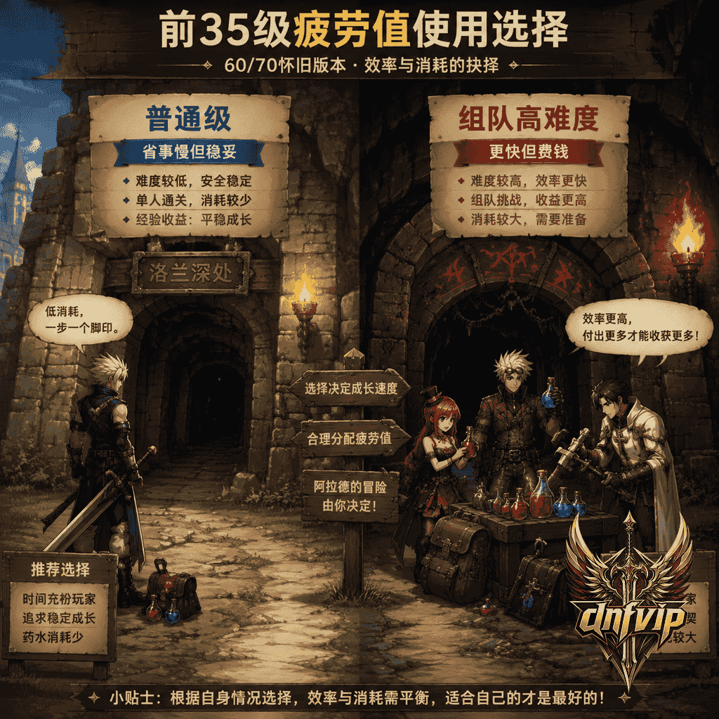 冒险家在老版地下城入口前对比普通单刷和组队高难度刷图的疲劳消耗路线