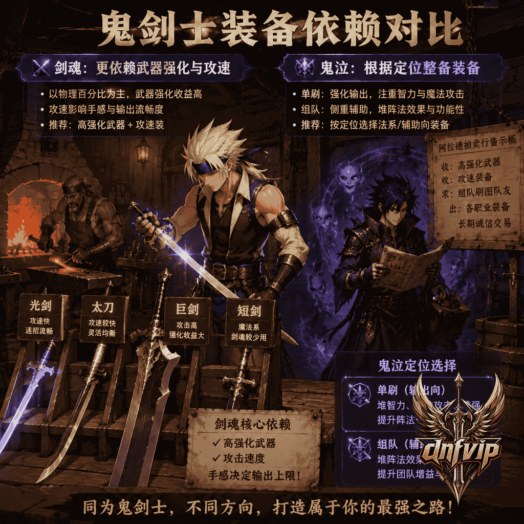 老式铁匠铺里剑魂挑选武器，鬼泣在一旁准备组队用的暗属性法系装备