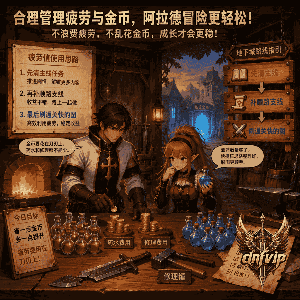 冒险家在铁匠铺前整理金币药水和疲劳安排避免升级浪费