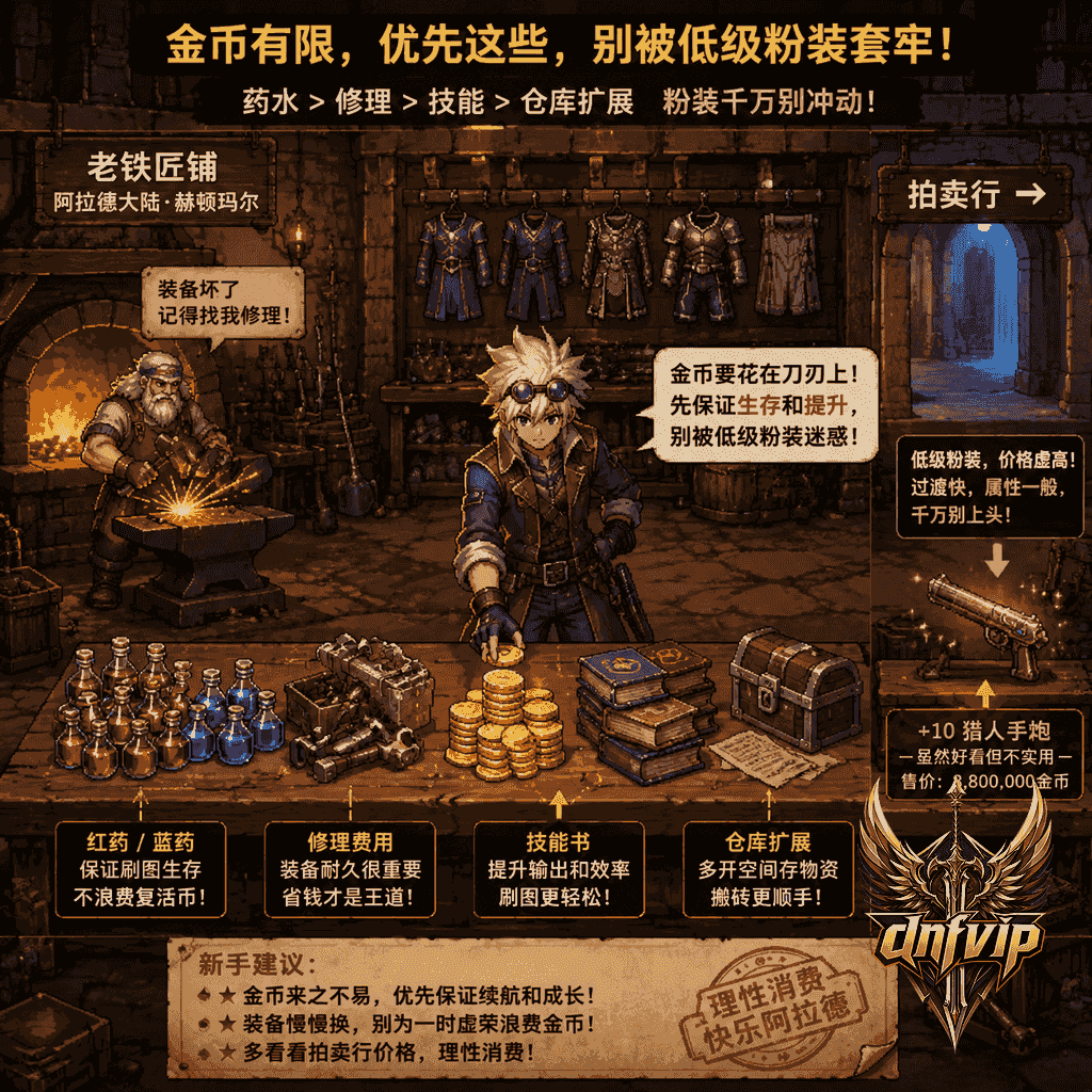 新手在怀旧铁匠铺前把金币分给药水和修理费,避免高价购买不合适的低级粉装