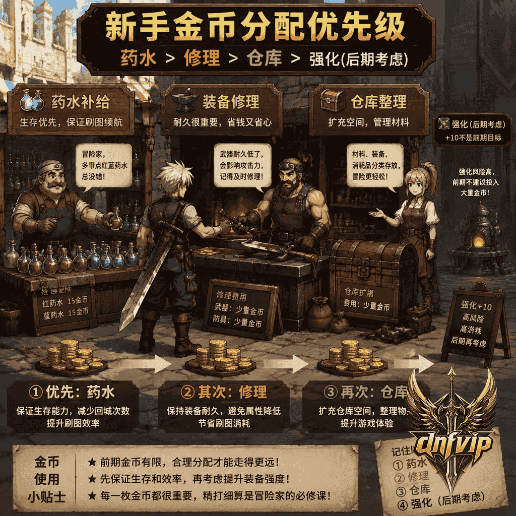 新手在城镇整备区把金币优先用于药水修理和仓库
