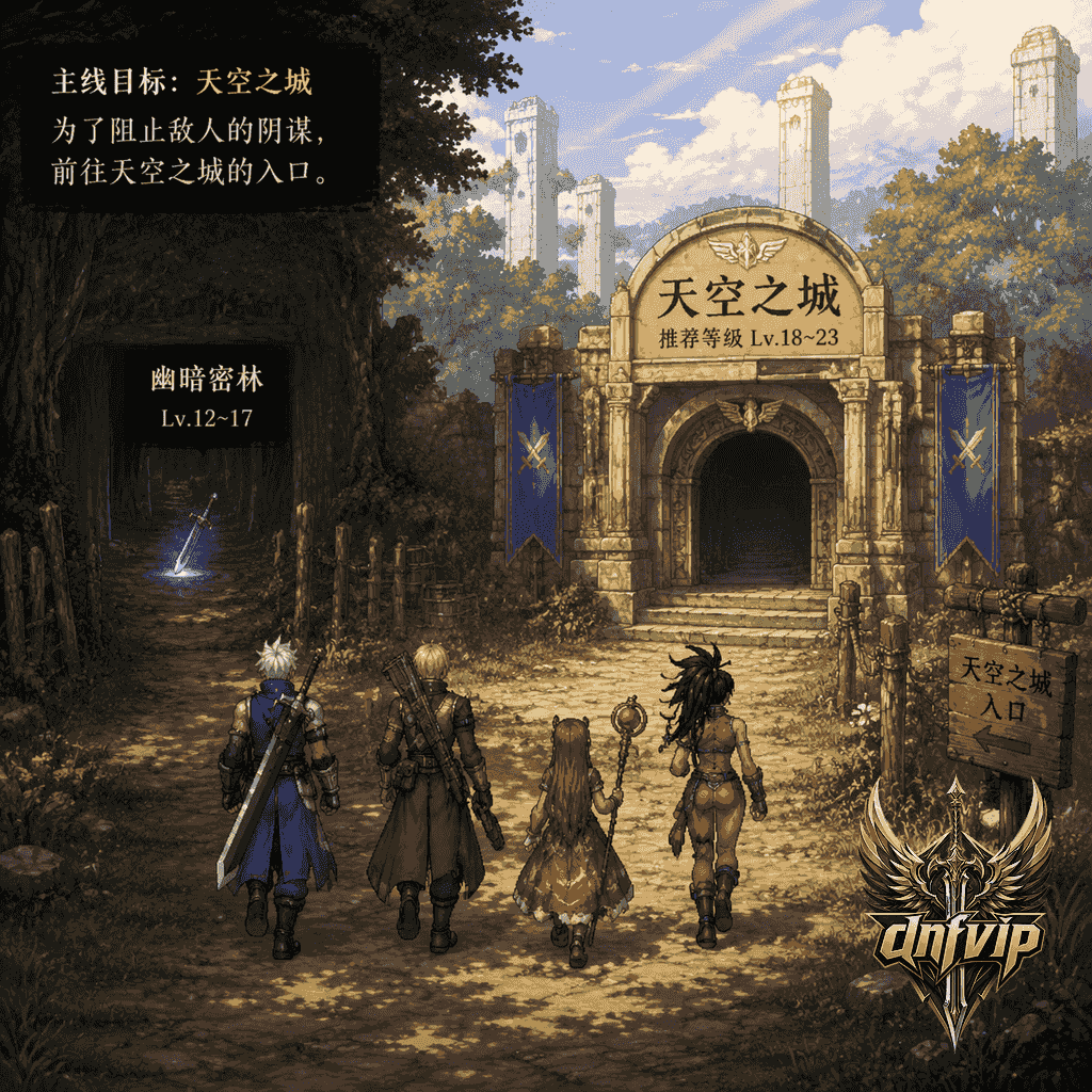 新手队伍站在经典地下城门口，准备继续主线而不是反复刷低级图。