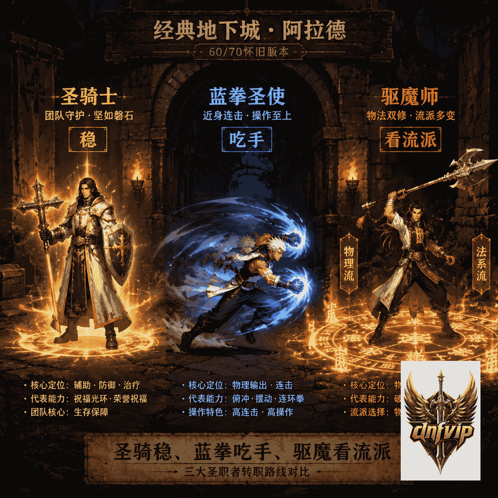 圣骑士、蓝拳圣使和驱魔师在经典地下城门口展示不同战斗定位