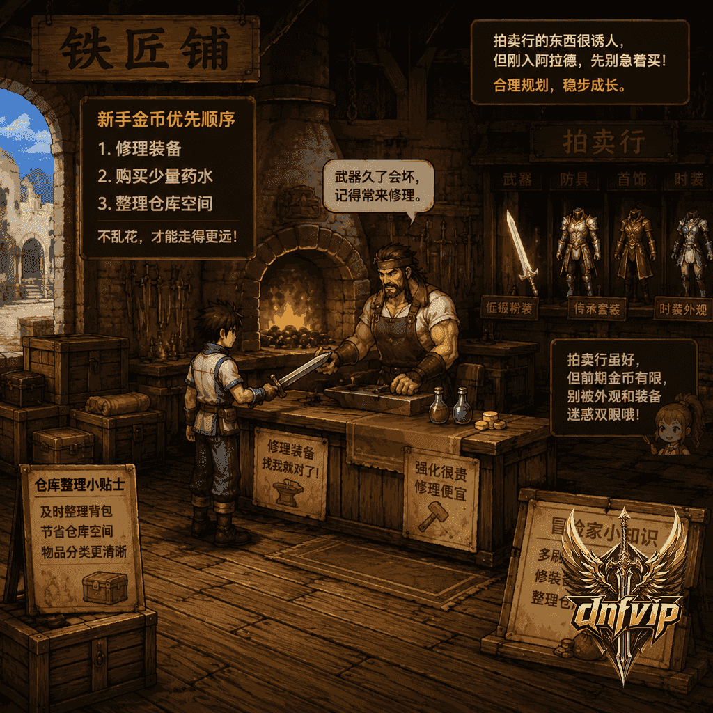 新手在复古铁匠铺前优先修理装备和购买少量药水，没有急着买低级粉装