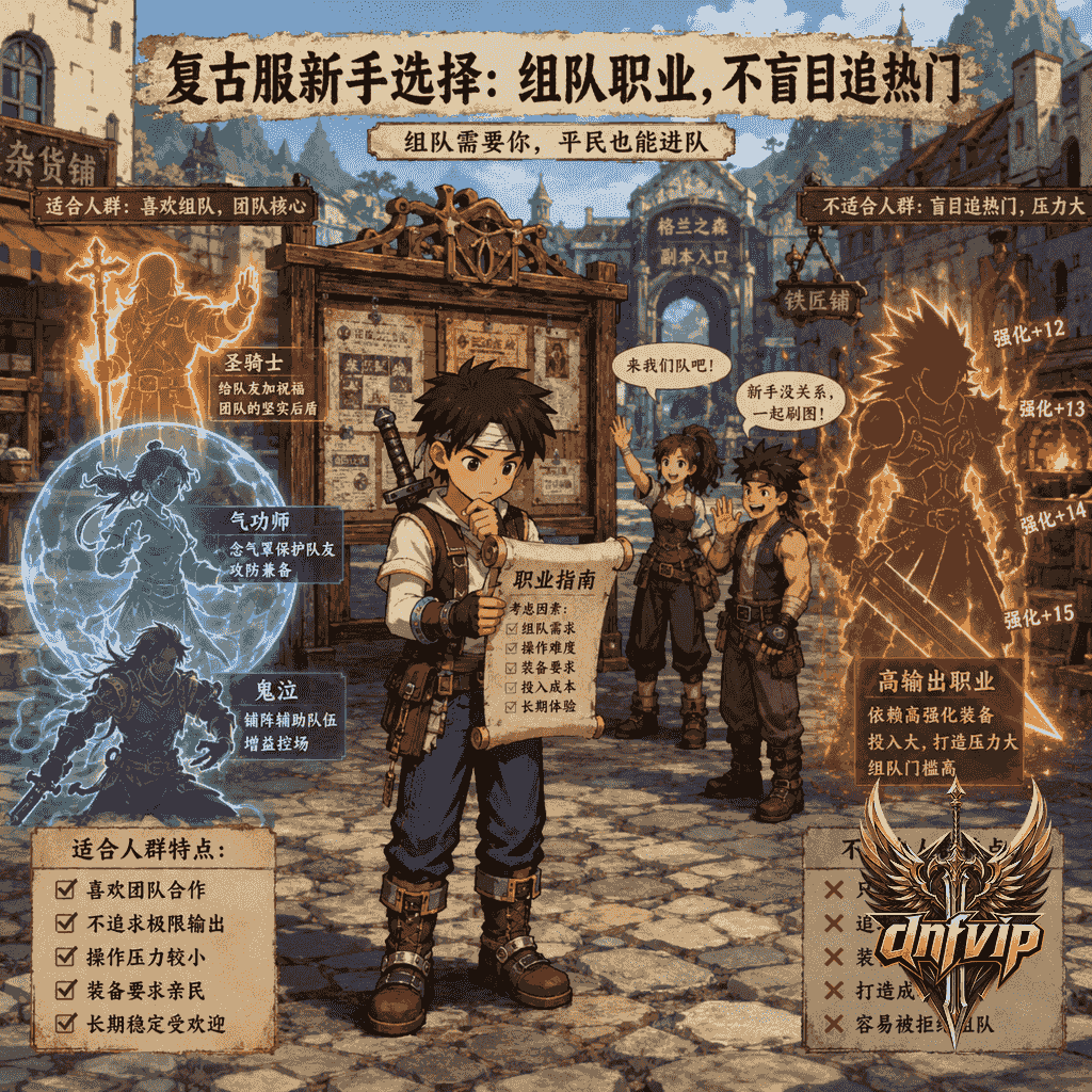平民新手在城镇公告板前比较辅助和输出职业,思考自己适合的组队定位