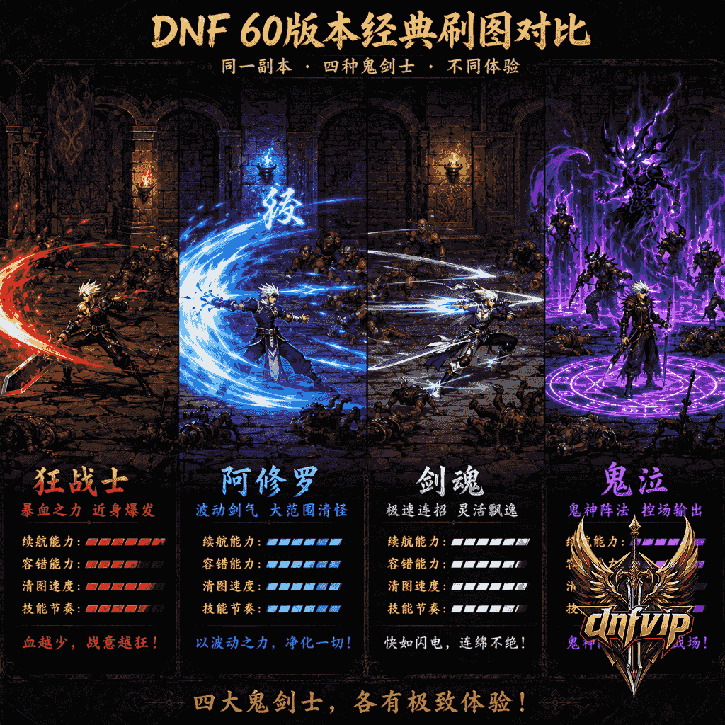 狂战士、阿修罗、剑魂和鬼泣分别展示不同刷图风格，在旧版副本场景中形成对比。