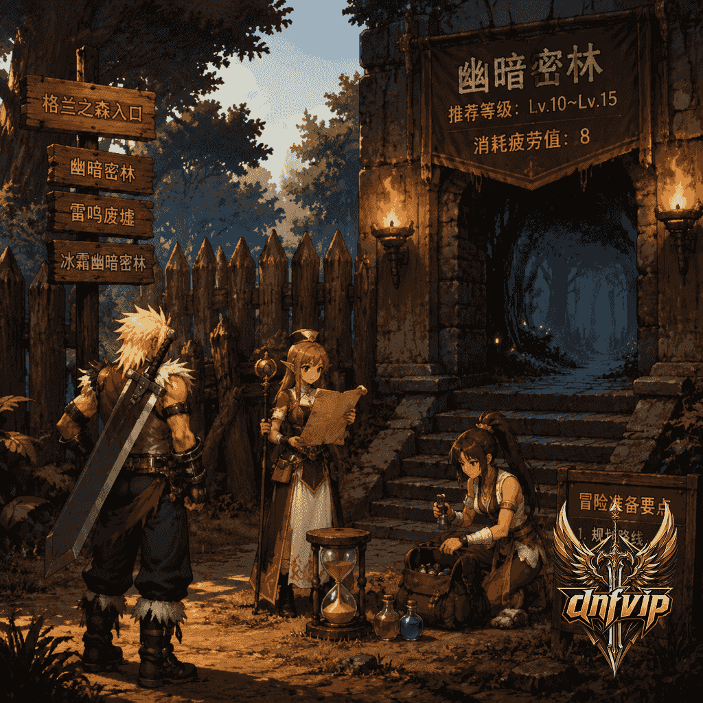 新手冒险家在老版副本门口查看任务路线，准备把疲劳优先用于主线地图