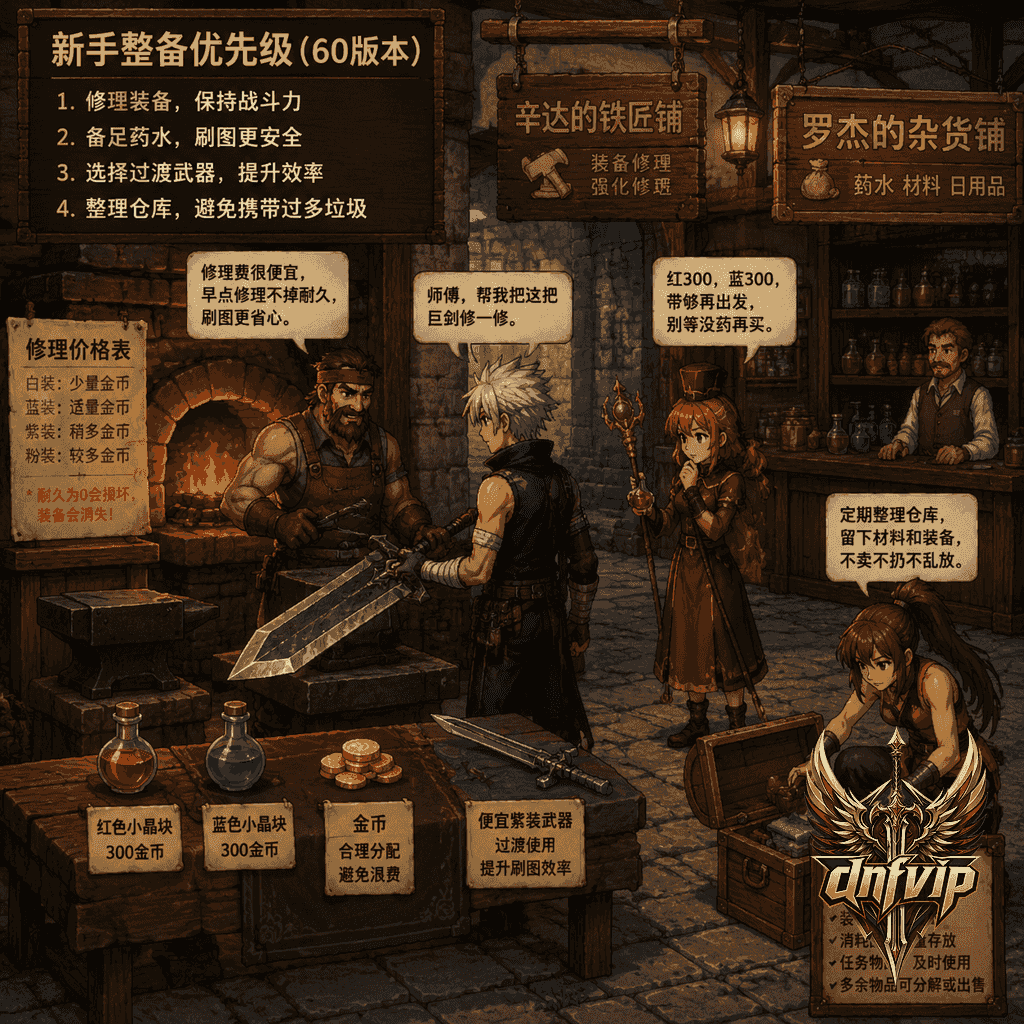 新手在铁匠铺和商人旁整理金币、药水和武器，避免乱买昂贵装备