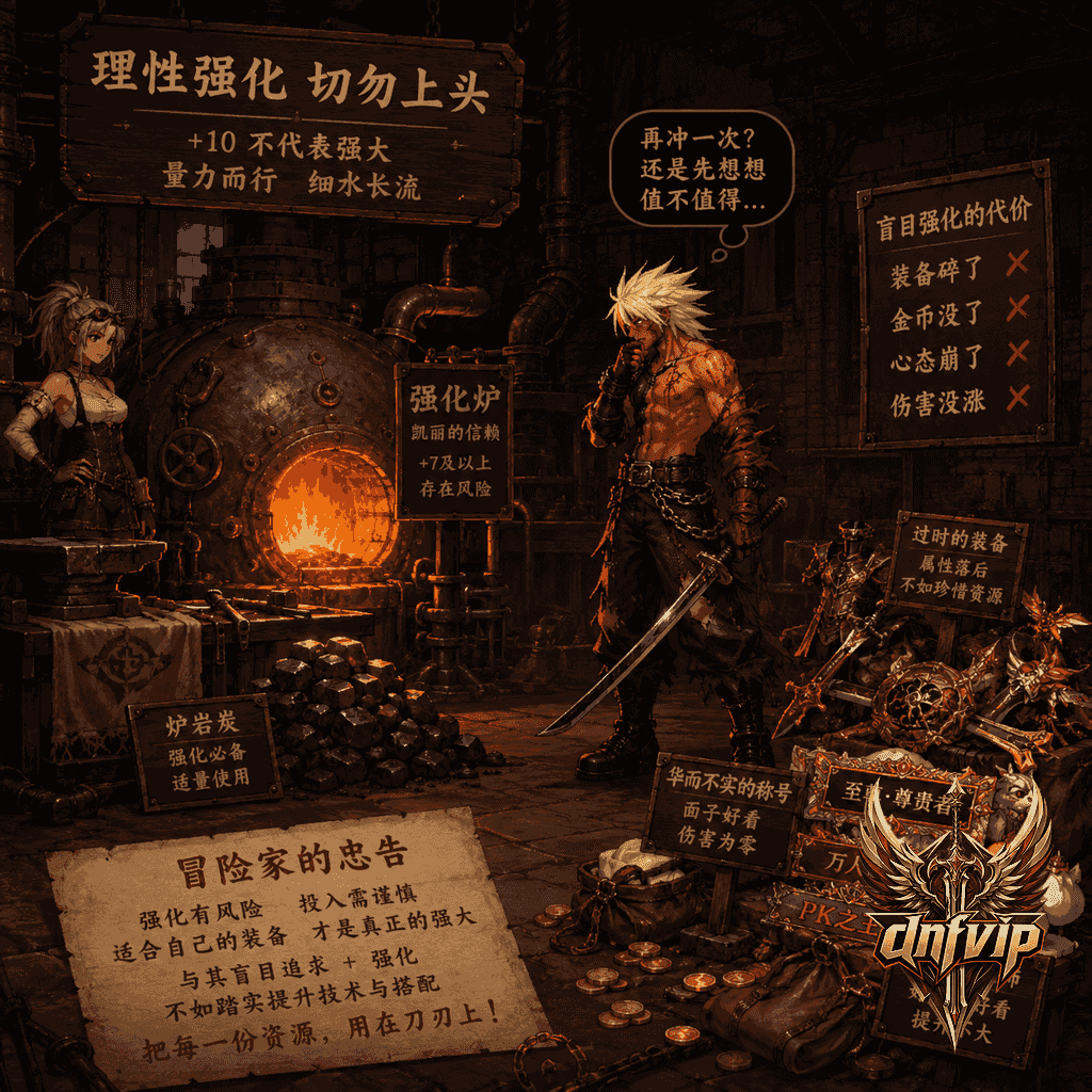 狂战士在凯丽强化炉前犹豫,旁边堆着不值得高价购买的低级装备