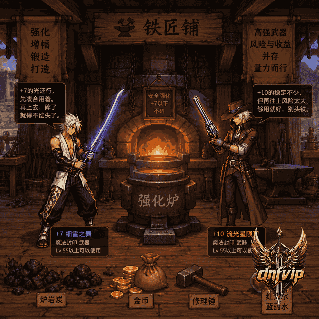 铁匠铺强化炉前,两把武器分别象征平民够用的+7和追求效率的+10