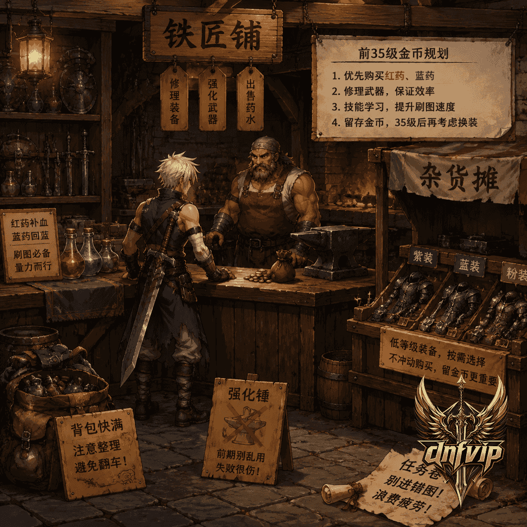 老版铁匠铺里新手冒险家优先准备药水和修理费，避免乱买低级装备