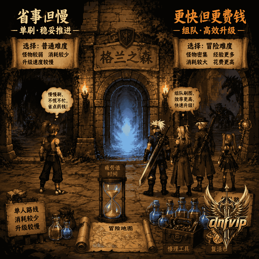 冒险家在副本门口准备分配疲劳值,权衡单刷省钱和组队快速升级