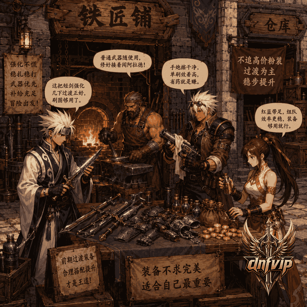 冒险家在老版城镇铁匠铺前根据单刷和组队需求选择装备