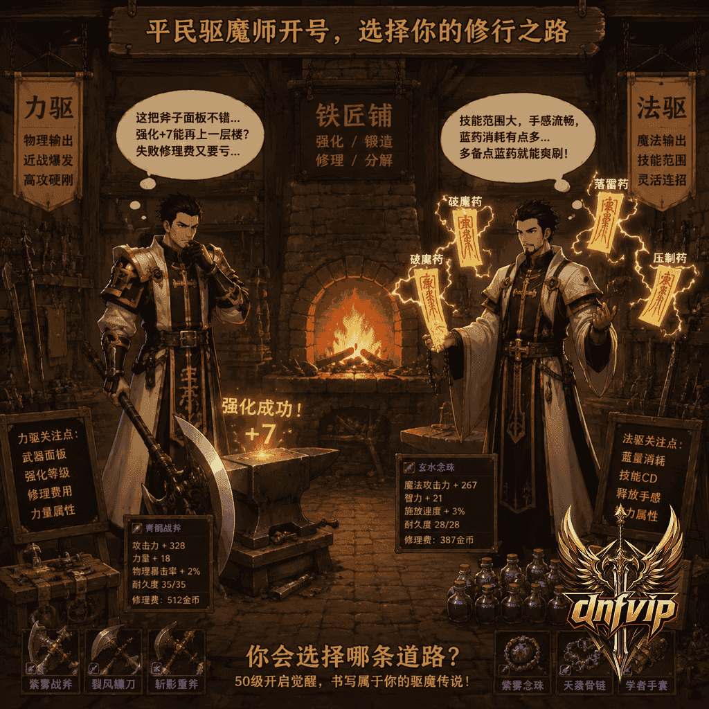 力驱和法驱在铁匠铺前对比选择，一边强化斧头一边准备符咒药水