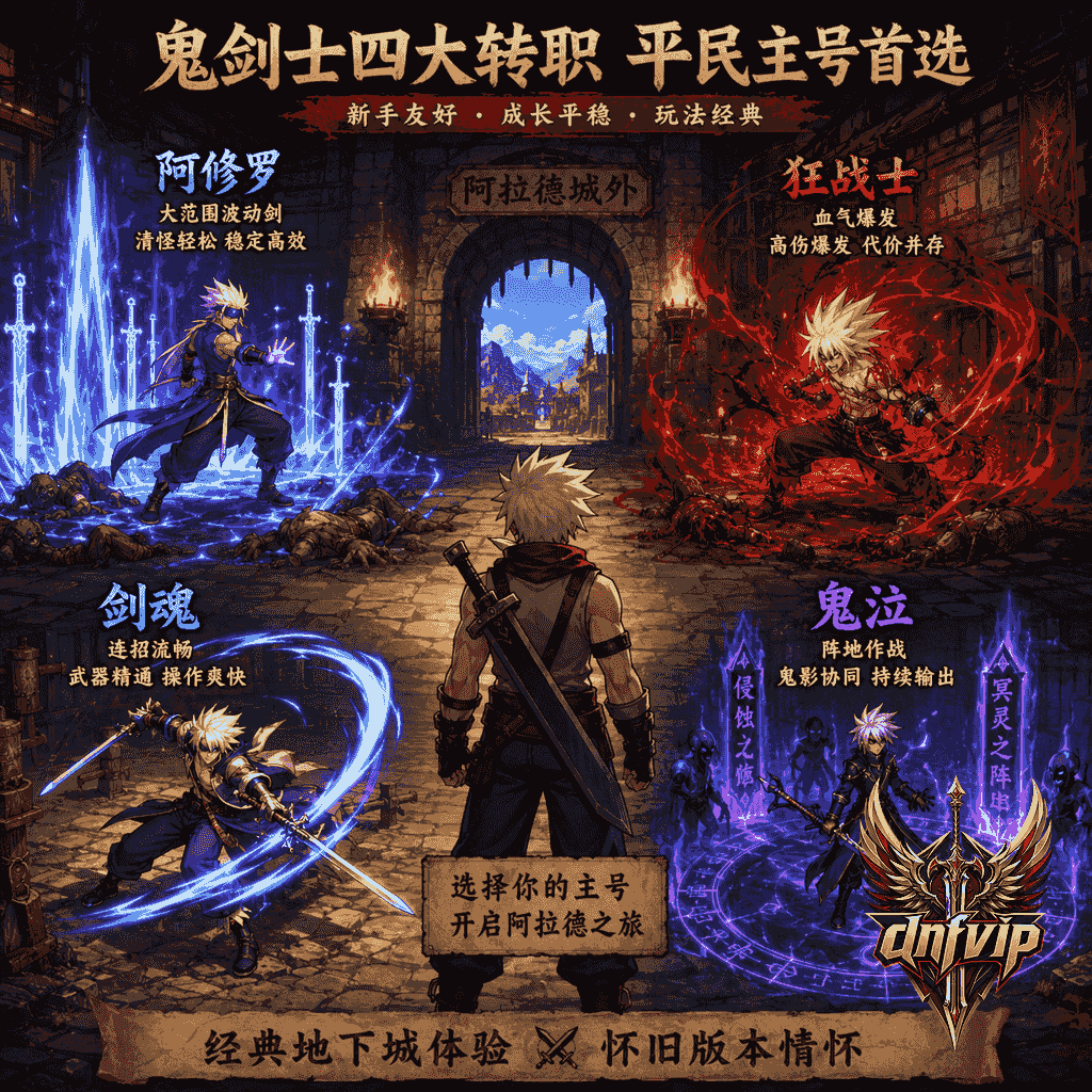 阿拉德地下城入口前,新手冒险者对比阿修罗、狂战士、剑魂和鬼泣的不同上手风格。