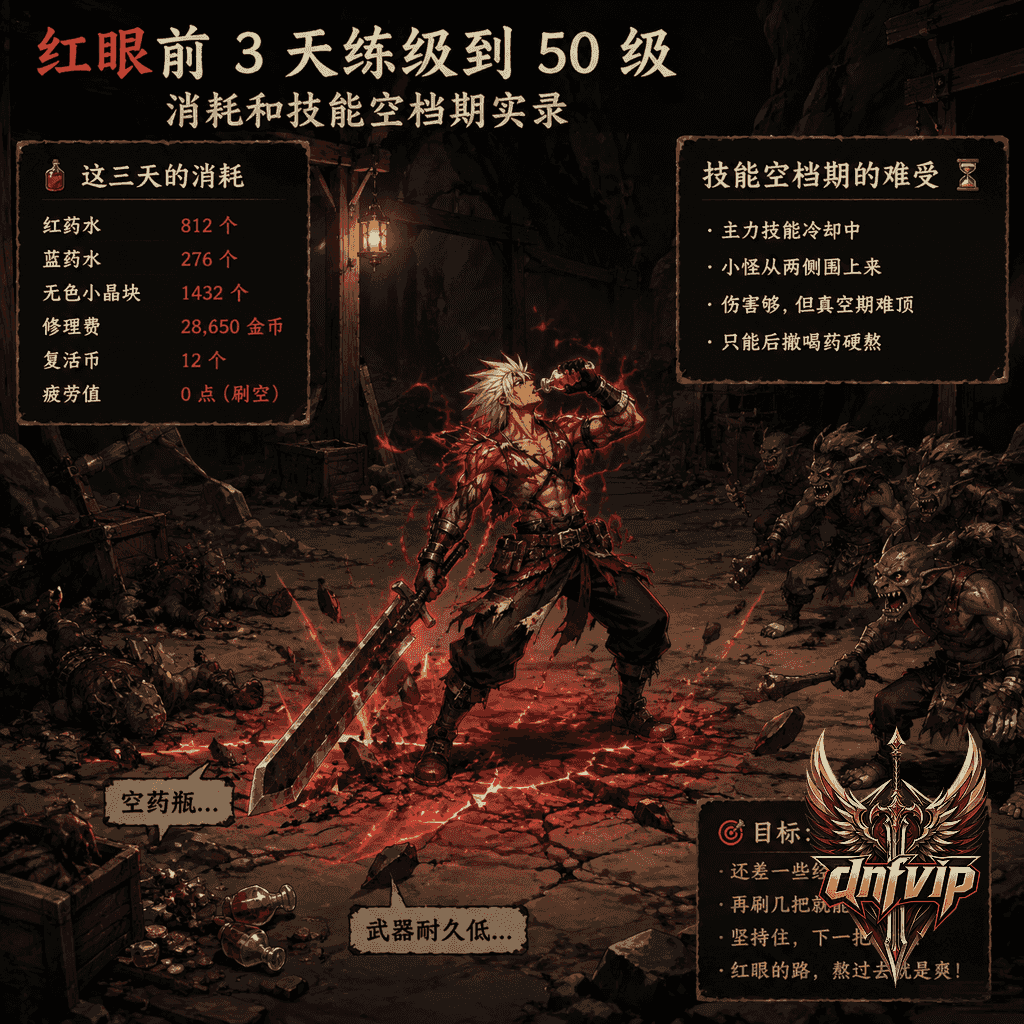 低等级狂战士在怀旧地下城中清怪，技能冷却间隙被怪物围住，药水消耗明显