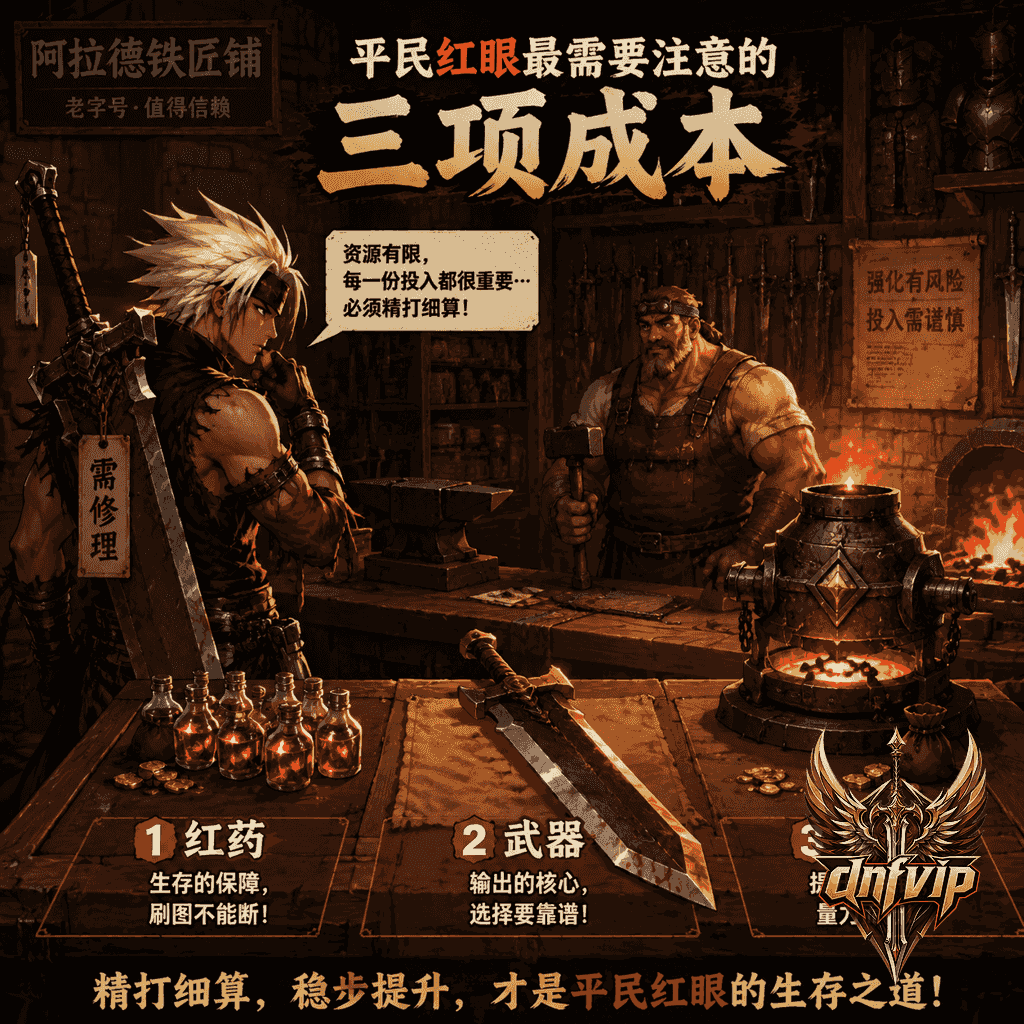 怀旧铁匠铺里,狂战士在红药、武器和强化费用之间犹豫,体现平民开销压力