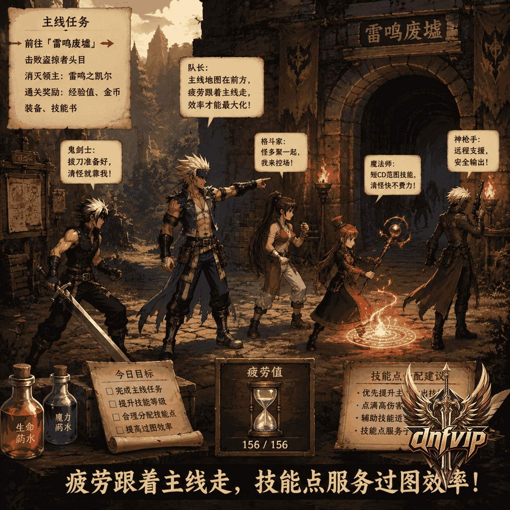低等级冒险家在主线地下城门口规划疲劳值，优先选择适合当前等级的副本路线。