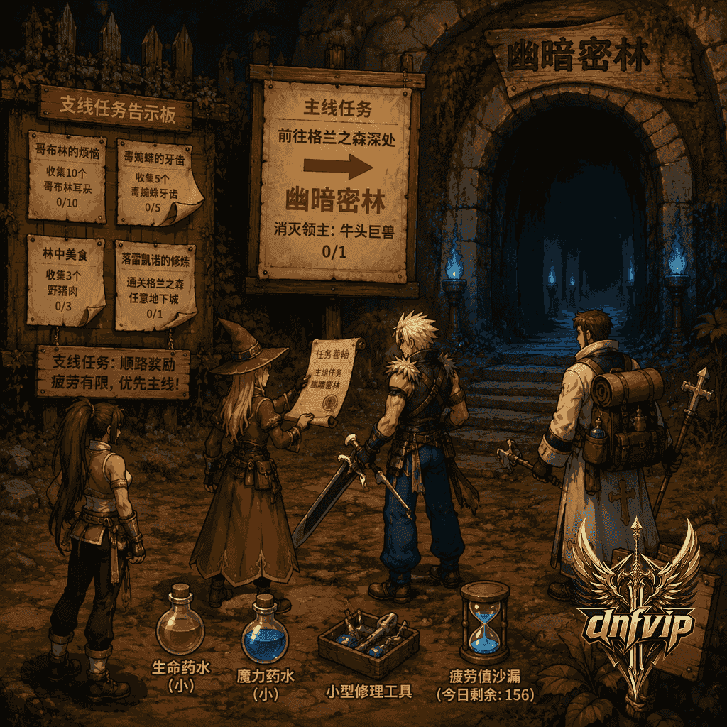 新手队伍在地下城入口前确认主线任务和疲劳安排