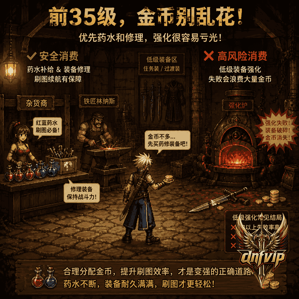 新手在铁匠铺前权衡买药修理还是强化低级武器