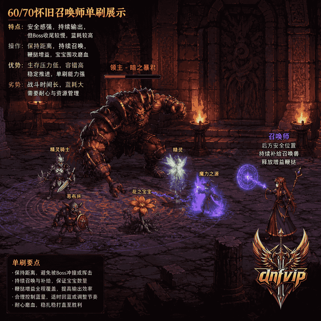 召唤师在老版 Boss 房远处补召唤，宝宝持续围攻 Boss 但战斗节奏偏慢