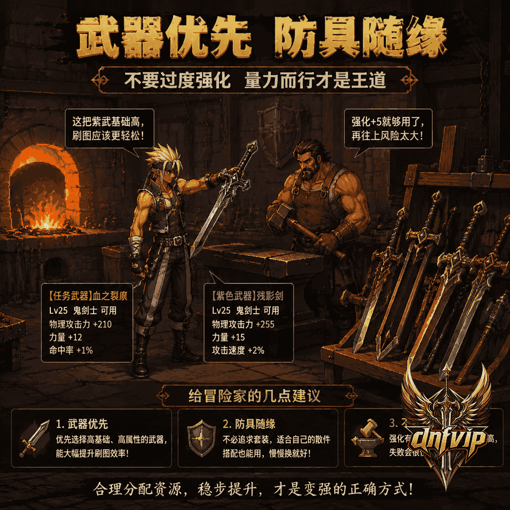 刚转职后的冒险家在铁匠铺优先挑选合适等级的紫色武器